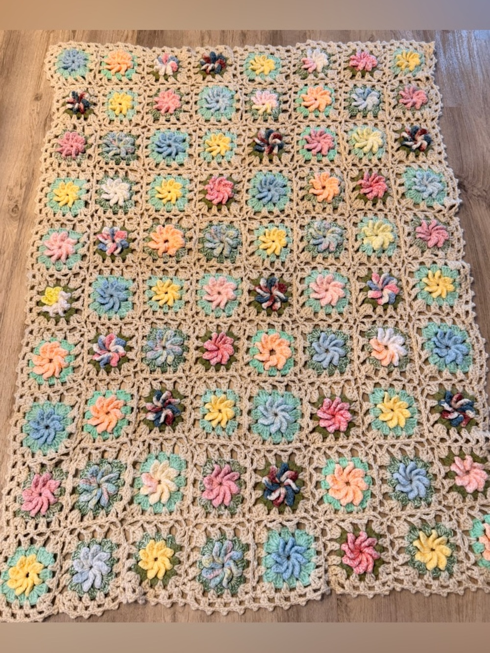 Vintage Rare Raised Flowers 3 D Cottagecore Crocheted Throw on Ivory Background